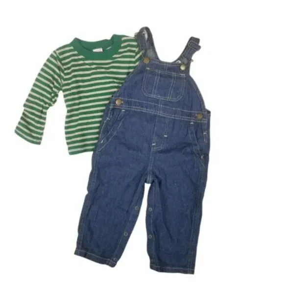 4/$25 Fisher Price Baby 2Pc Overalls Outfit Denim Jeans  Long Sleeve Shirt 12mo - Picture 4 of 12